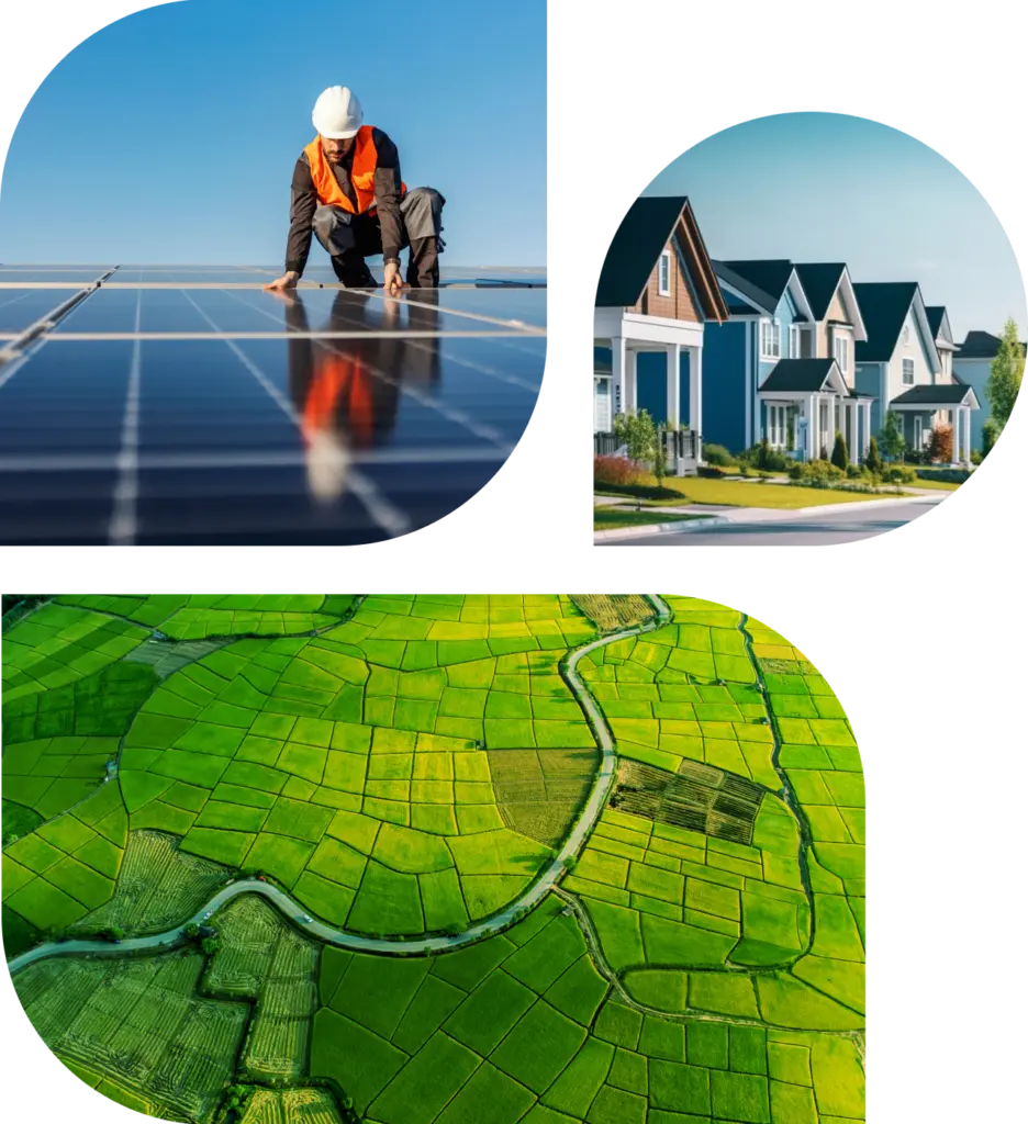 A solar panel installation, a residential development, and an aerial view of undeveloped land